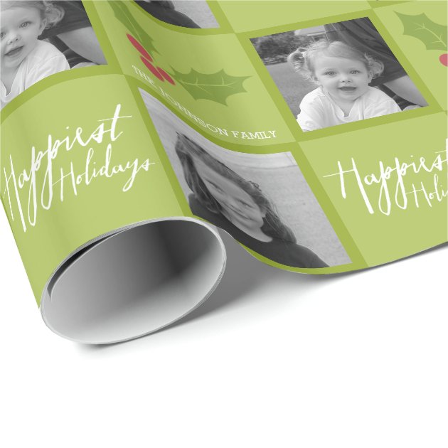 Happiest Holidays Modern Full Photo - White Type Wrapping Paper 1/4