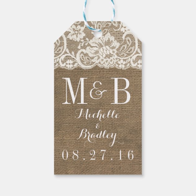 Happily Ever After Monogram Burlap Lace Wedding Pack Of Gift Tags 2/3