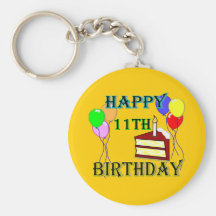 Happy 11th Birthday with Cake, Balloons and Candle Keychain
