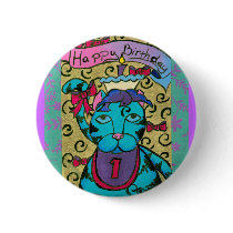 Happy 1st Birthday Cat buttons by BeMusedArt Happy 1st Birthday Cat buttons