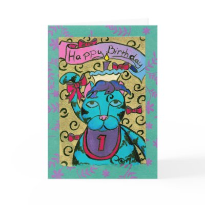 Happy 1st Birthday Cat Card by BeMusedArt