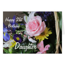 Happy 21st Birthday Daughter-Pink Rose Bouquet Greeting Cards