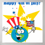 happy 4th of july globe cartoon patriotic poster