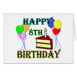 Happy 8th Birthday with Cake, Balloons and Candle Greeting Card
