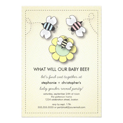 Happy Bee Family Couples Baby Gender Reveal Party Personalized Invite (front side)