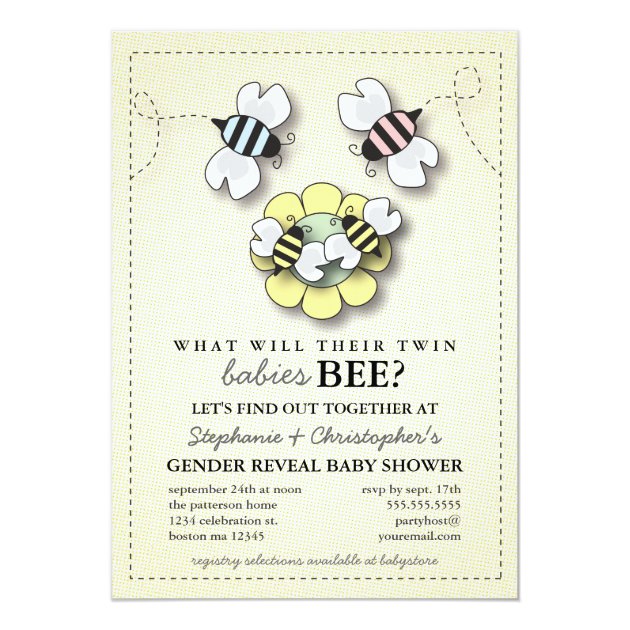 Happy Bee Family Twins Gender Reveal Baby Shower Card (front side)