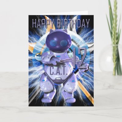 Happy Birthday 12th, Robot Cat, Techno Modern Cards by moonlake