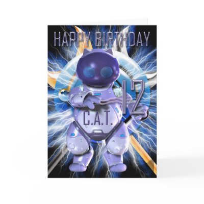 Happy Birthday 12th, Robot Cat, Techno Modern Cards by moonlake