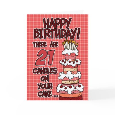 Happy Birthday - 21 Years Old Greeting Card by cfkaatje. A fun age specific Birthday Card featuring a big b-day cake on a plaid background to send to your 