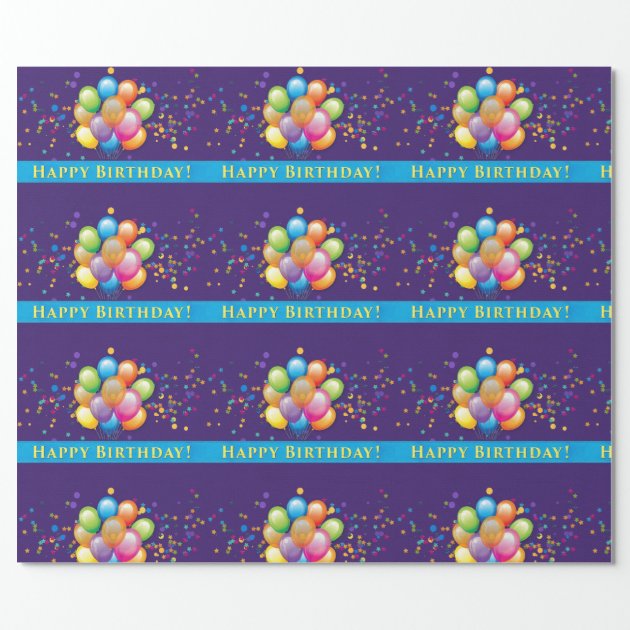 Happy Birthday Balloons Purple Wrapping Paper 3/4