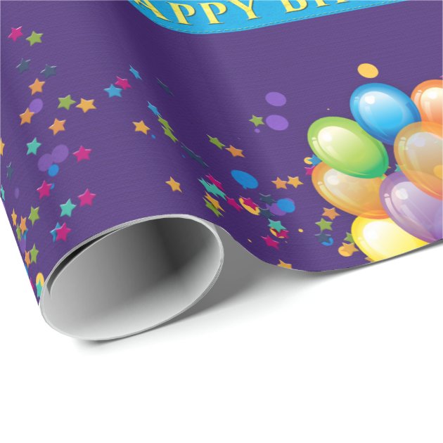 Happy Birthday Balloons Purple Wrapping Paper 1/4