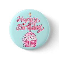Happy Birthday Cupcake Doodle Art Button