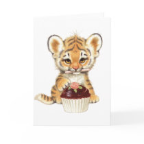 Happy Birthday - Cute Tiger with Cupcake Greeting Cards