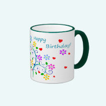 Happy Birthday Flowered Cup With I *Heart* You mugs