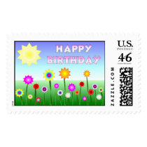 Happy Birthday Happy Flowers postage by dndartstudio Happy Birthday Happy Flowers postage