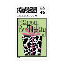 Happy Birthday • Lime Pink Cow Postage Stamps