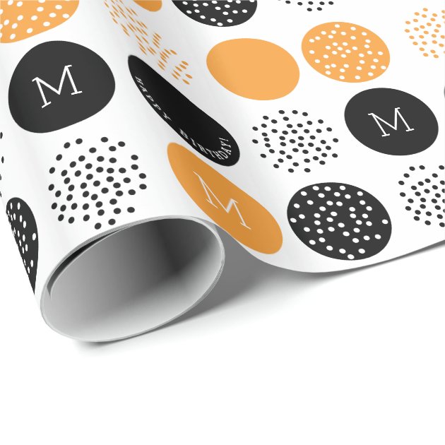 Happy Birthday Monogram Circles Orange Dots Wrap Wrapping Paper 4/4