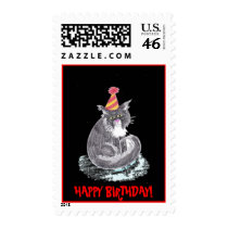 HAPPY BIRTHDAY! Party Cat by Wendy C. Allen Postage Stamps