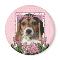 Happy Birthday - Pink Tulips - Beagle Puppy Refrigerator Magnet