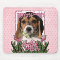 Happy Birthday - Pink Tulips - Beagle Puppy Mousepads