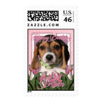 Happy Birthday - Pink Tulips - Beagle Puppy Stamps