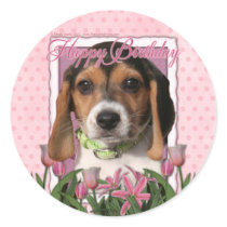 Happy Birthday - Pink Tulips - Beagle Puppy Sticker