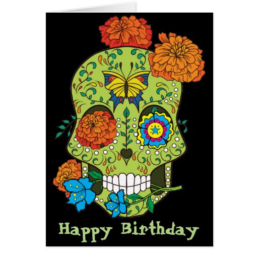 Happy Birthday Tattoo Sugar Skull Rose In Mouth Card | Zazzle