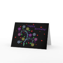 Happy Birthday with Flowers, Hearts, and Love Greeting Card