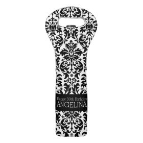 Happy Birthday with Trendy Black and White Damask Wine Bags