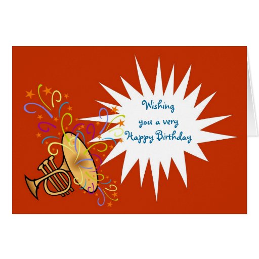 Happy birthday with trumpet and streamers card Zazzle