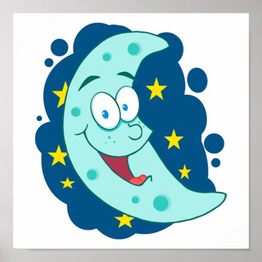 happy blue moon cartoon character print