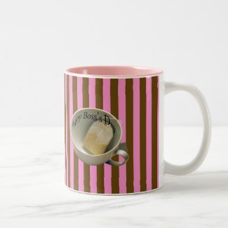 Happy Boss's Day with cup of tea pink brown stripe Mug