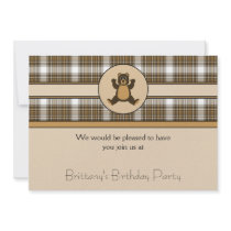 Happy Brown Bear Auburn Plaid Invitation invitations