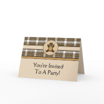 Happy Brown Bear Auburn Plaid Invitation Card cards
