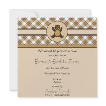 Happy Brown Bear Caramel Plaid Invitation invitations