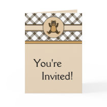 Happy Brown Bear Cocoa Plaid Invitation Card cards