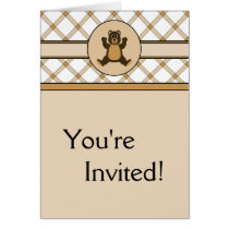 Happy Brown Bear Tan Plaid Invitation Card cards