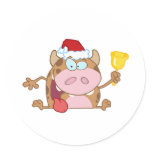 Happy Calf Character Ringing A Bell Christmas Round Sticker