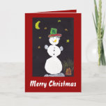 Happy Christmas Snowman in Hat At Night Xmas Card