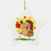 happy cute hedgehog apple picking christmas ornaments