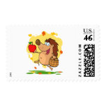 happy cute hedgehog apple picking stamp