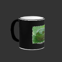 Happy Day - green frog on leaf mugs