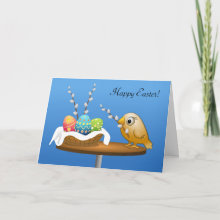 Happy Easter! Card - Have a wonderful Easter with an adorable bird and three colorful eggs in a basket nest.