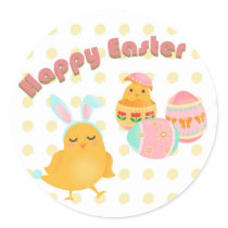 Happy Easter Chick Bunny Design Round Sticker