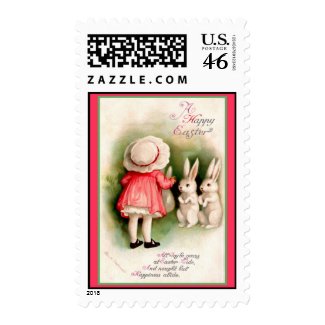 Happy Easter Cute Girl in Pink 3 Bunnies Postage