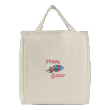 Happy Easter Egg and Flowers Embroidered Tote Bags