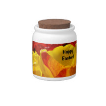 Happy Easter! gifts Candy jars Yellow Red Tulips