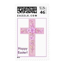 Happy Easter Pink Cross with Lilies postage by eelkat Happy Easter Pink Cross with Lilies postage
