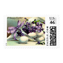 Happy Easter Violets & Eggs Vintage Postage Stamp