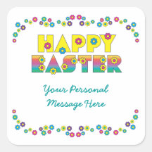 Happy Easter with Flowers Square Stickers